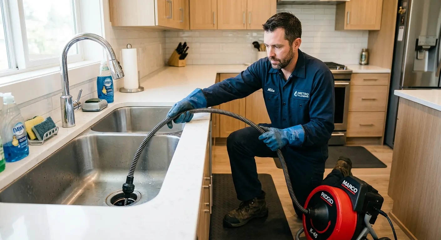Drain cleaning technician using a motorized snake on a kitchen sink in Walterboro