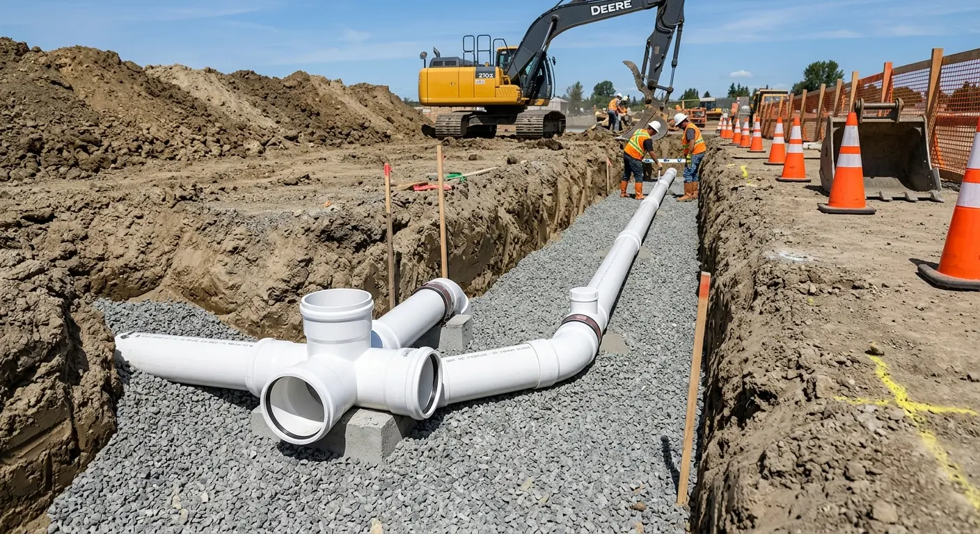 New PVC sewer pipe installation in open trench for Commercial Drain Cleaning in Walterboro