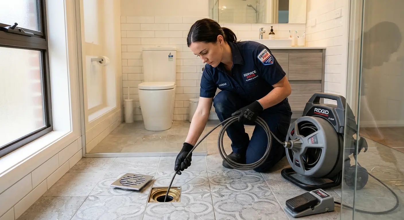 Technician clearing a bathroom floor drain for Drain Cleaning in Walterboro